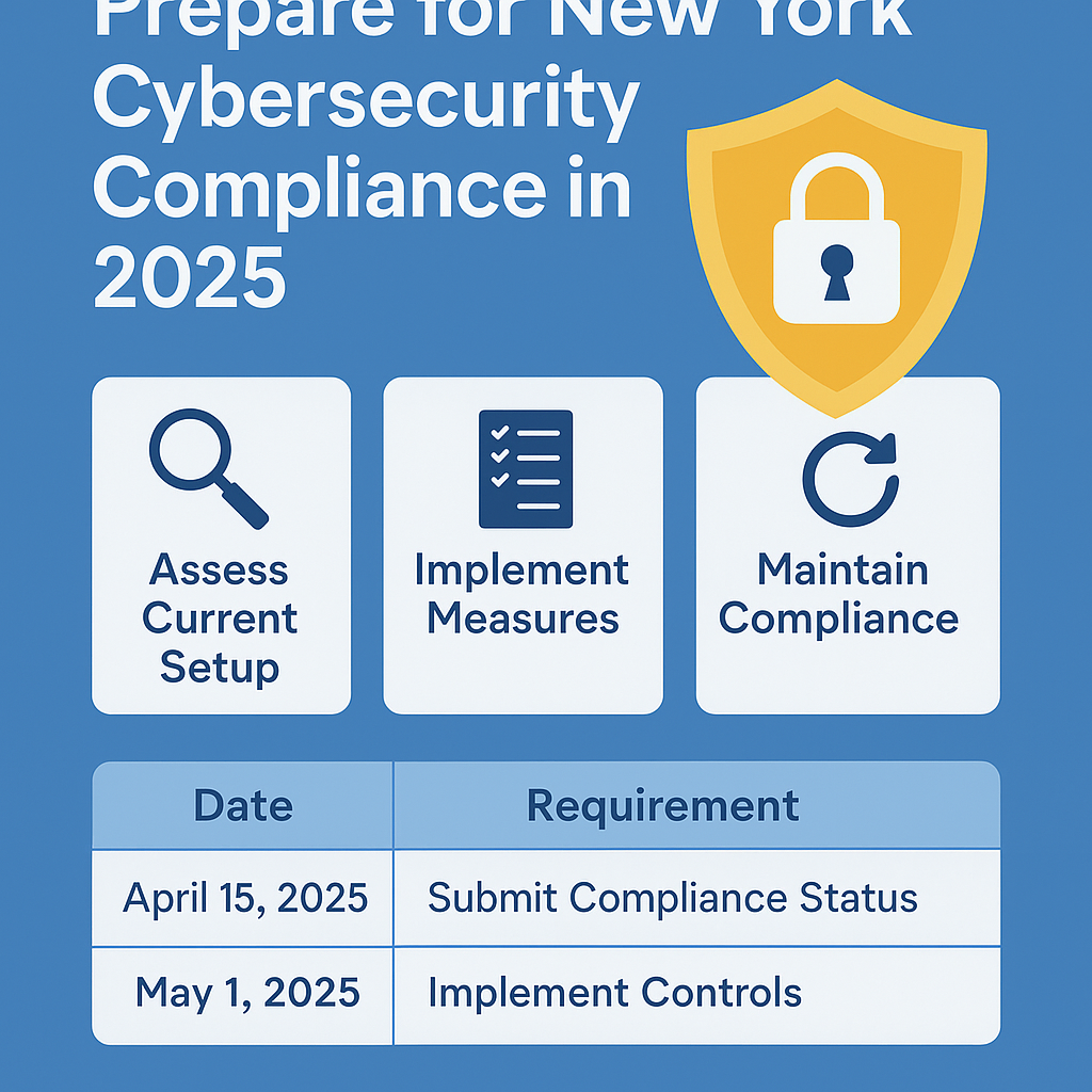 A digital infographic titled 'Prepare for New York Cybersecurity Compliance in 2025' showing three steps—Assess Current Setup, Implement Measures, Maintain Compliance—with icons and a timeline of key deadlines: April 15 for compliance status and May 1 for control implementation