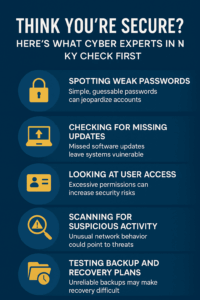 A 2D infographic titled ‘Think You’re Secure? Here’s What Cyber Experts in NY Check First,’ showing five cybersecurity checks—weak passwords, missing updates, user access, suspicious network activity, and backup testing—with bold icons and tips on a dark blue background highlighted in yellow.