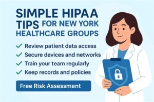 A digital graphic illustrating HIPAA compliance tips for small healthcare providers in New York. The image features icons representing medical clinics, mental health offices, urgent care centers, and cybersecurity shields set against a Hudson Valley backdrop, highlighting data protection and compliance for independent medical practices.