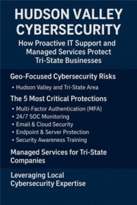 Hudson Valley Cybersecurity infographic showing key protections like MFA, 24/7 SOC monitoring, cloud and email security, endpoint protection, and SAT for Tri-State businesses.